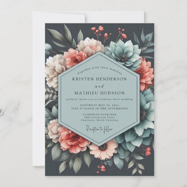Invitación Slate Coral Moody Bloom Wedding (Anverso)