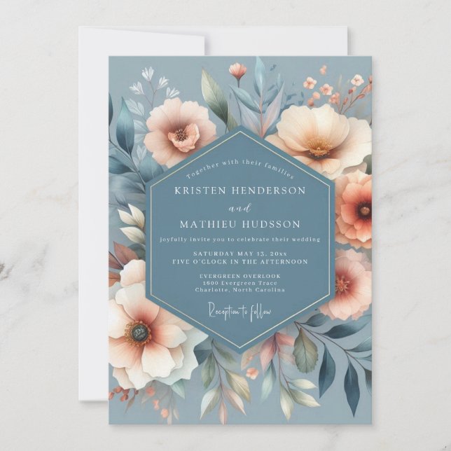 Invitación Slate & Coral Painted Bloom Wedding (Anverso)