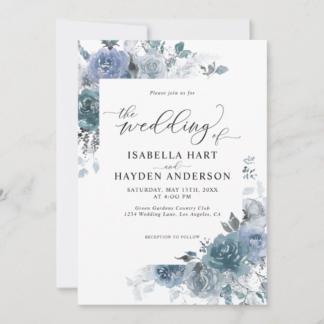 Invitación Slate Dusty Blue Boho Pastel Pampas Boda Floral (Anverso)
