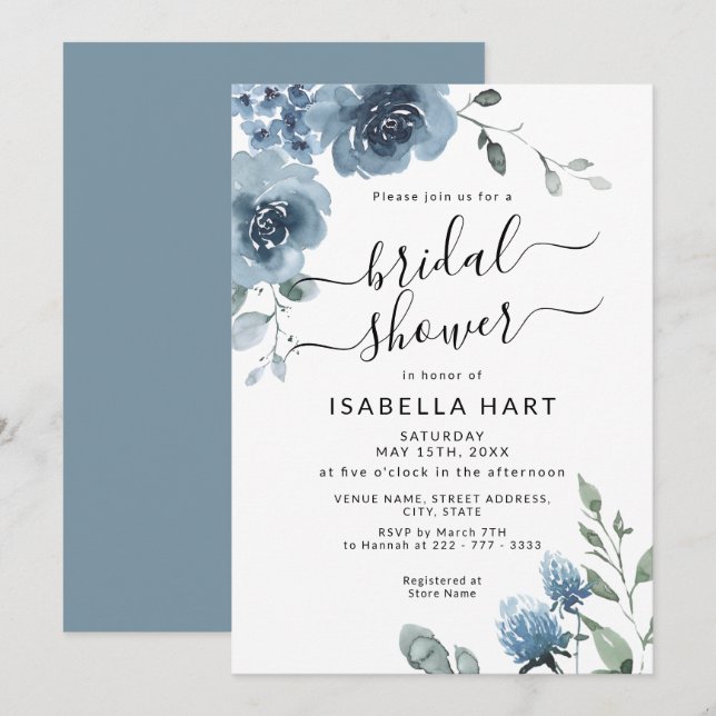 Invitación Slate Dusty Blue Floral Watercolour Bridal Shower (Anverso / Reverso)