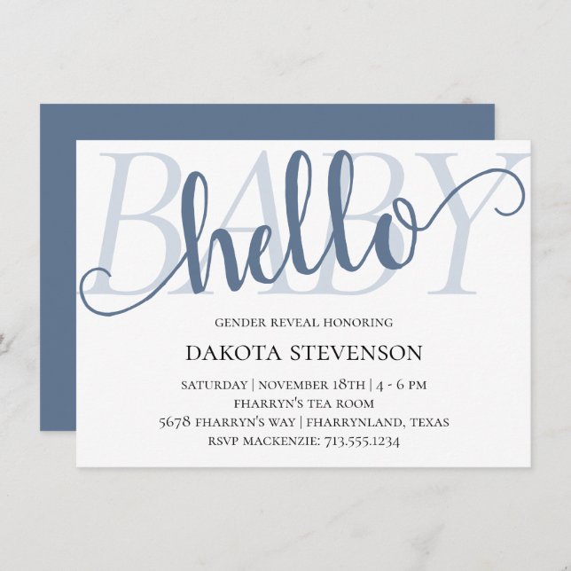 Invitación Slate Hello Baby | Duste Blue Script Shower (Anverso / Reverso)