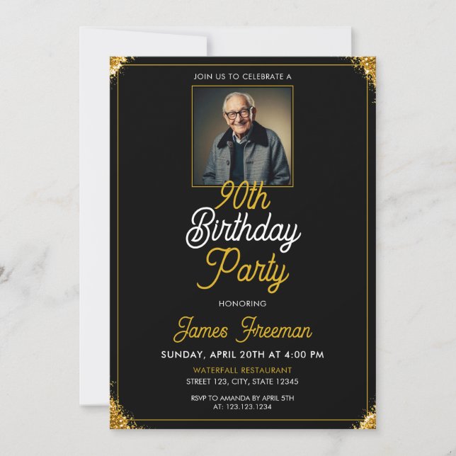 Invitación Sleek Black & Gold Photo 90th Birthday (Anverso)