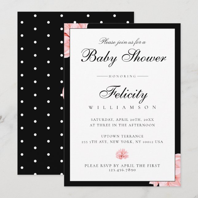 Invitación Sleek Black White Polka Dots Floral Baby Shower (Anverso / Reverso)