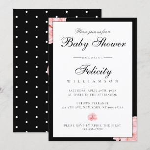 Invitación Sleek Black White Polka Dots Floral Baby Shower