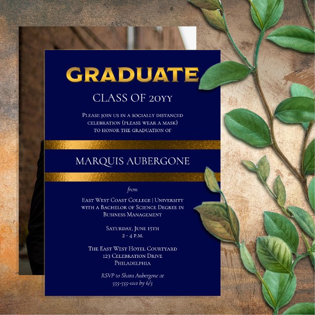 Invitación Sleek College | Azul Univ | Fiesta de graduación d (Sleek College or University Blue | Gold Tone Graduation Announcement and Party Invite Print Digital)