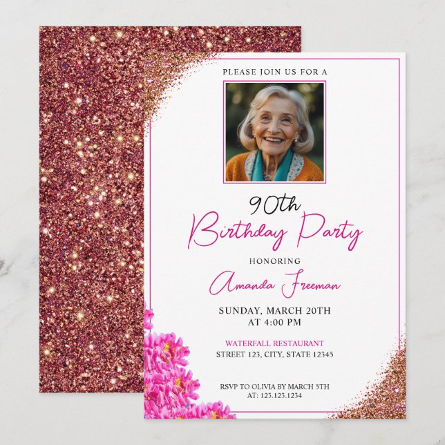 Invitación Sleek Floral Purpurina 90 cumpleaños (Anverso / Reverso)