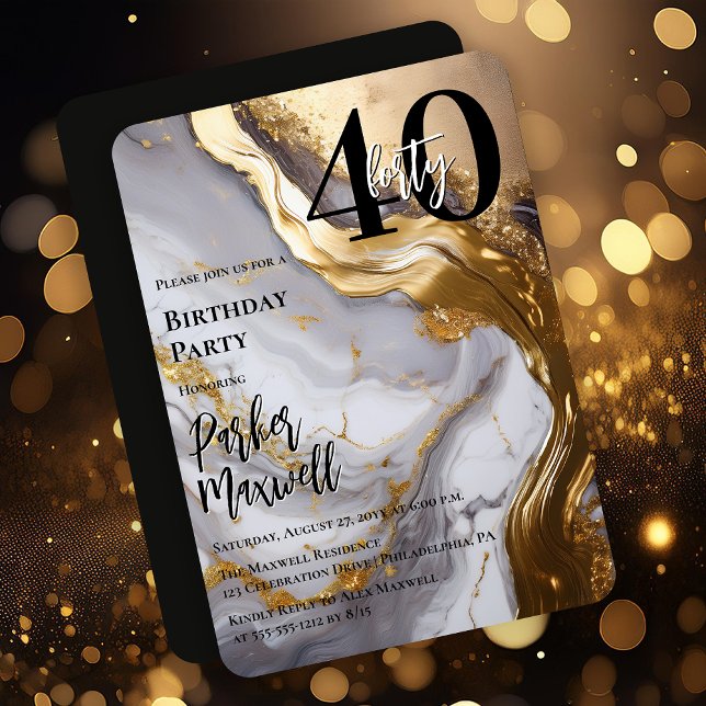 Invitación Sleek Gold | White Marble Modern 40 Birthday Party (Sleek Faux Gold and White Marble Modern "40" 40th Birthday Party Invitation - Print | Digital )