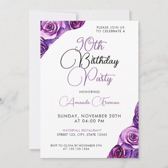 Invitación Sleek Purple Rosa 90 cumpleaños (Anverso)