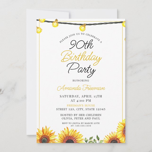 Invitación Sleek Sunflower 90 cumpleaños (Anverso)