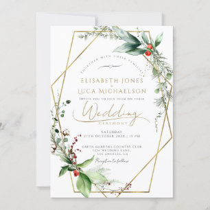Invitación Sleek Winter deja a Berry Gold Monogram Boda