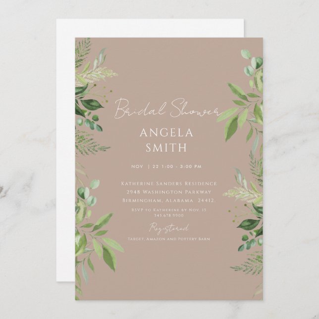 Invitación Sleek y simple oliage Bridal Shower Taupe (Anverso / Reverso)