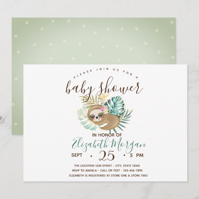 Invitación Sleeping Sloth, Palm, Polka Dots Baby Shower (Anverso / Reverso)