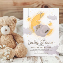 Sleeping Teddy Bear Moon Stars Neutral Baby Shower