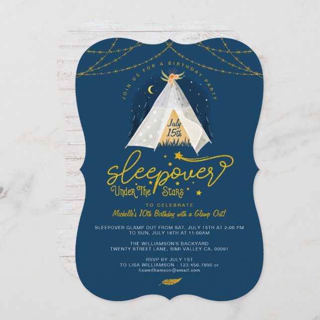 Invitación Sleepover bajo las estrellas de la marina de oro (Anverso / Reverso)