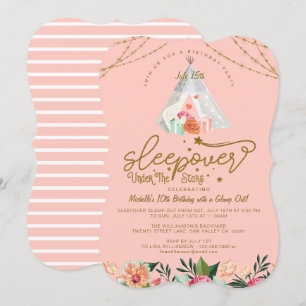 Invitación Sleepover bajo las estrellas Tepee Oro rosado cump