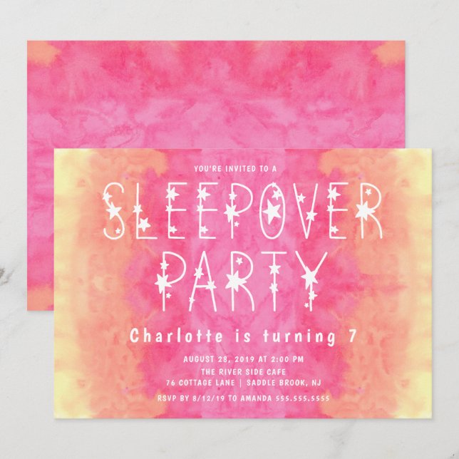 Invitación Sleepover estrellado de los chicas de la acuarela (Anverso / Reverso)
