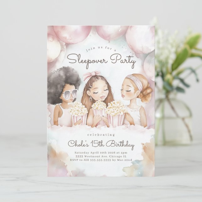 Invitación Sleepover Fiesta de cumpleaños Noche de cine cumpl (Anverso de pie)