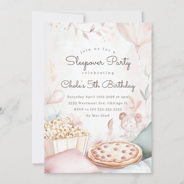 Invitación Sleepover Fiesta de cumpleaños Noche de cine cumpl (Anverso)