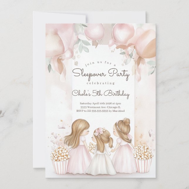Invitación Sleepover Fiesta de cumpleaños Noche de cine cumpl (Anverso)