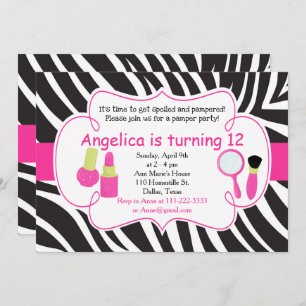 Invitación Sleepover Fiesta de Pamper con rayas de cebra de c