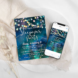 Invitación Sleepover Fiesta Galaxy String Lights Blue Birday