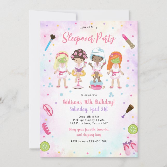 Invitación Sleepover Party Girl Spa Pink Birthday Invitation (Anverso)