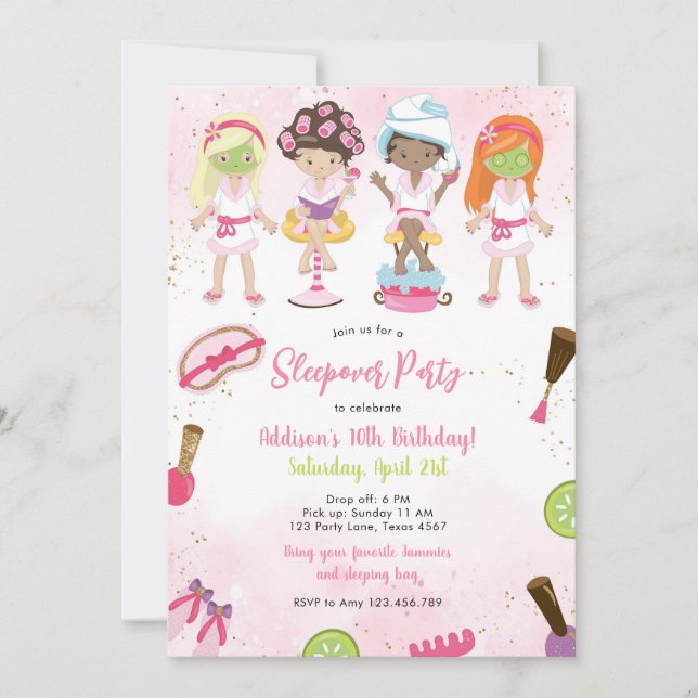 Invitación Sleepover Party Girl Spa Pink Birthday Invitation (Anverso)
