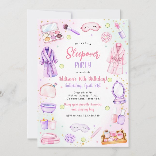 Invitación Sleepover Party Girl Spa Pink Birthday Invitation (Anverso)
