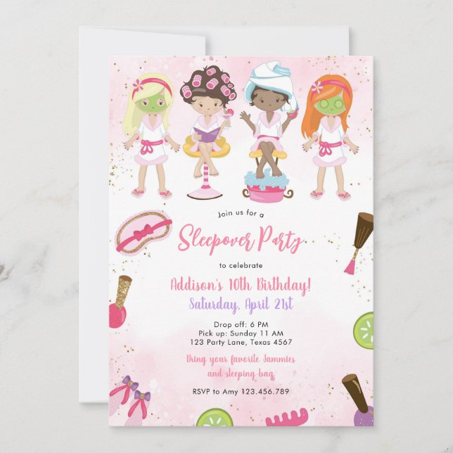 Invitación Sleepover Party Girl Spa Pink Birthday Invitation (Anverso)
