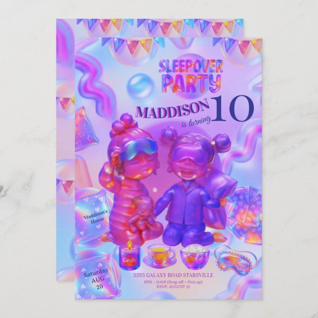Invitación Sleepover Party Invitation | Girl Pajama Birthday (Anverso / Reverso)