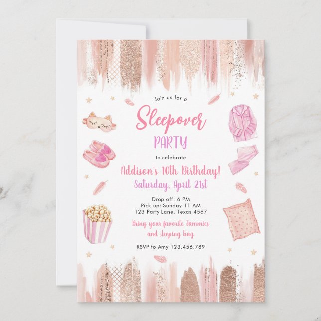 Invitación Sleepover Party Spa Makeup Pink Girl Birthday (Anverso)