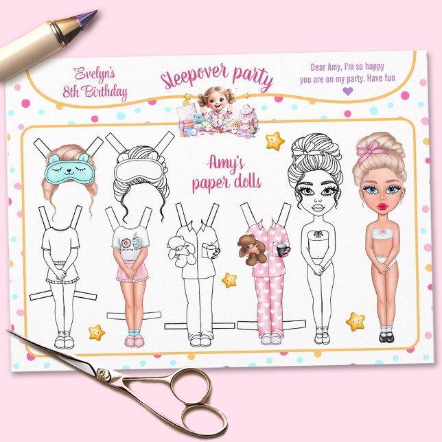Invitación Sleepover Slumber Fiesta Juego Papel Muñeca Recort (Sleepover Slumber Party Game Cutout Paper Doll)