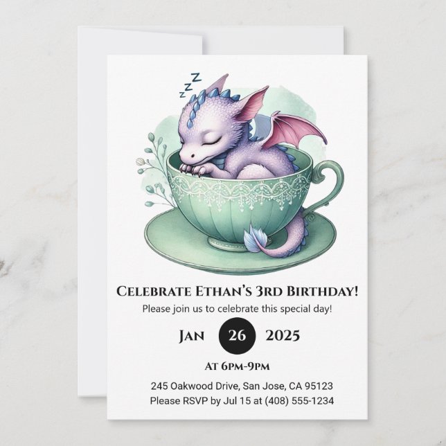 Invitación Sleepy Baby Dragon in Teacup Birthday (Anverso)
