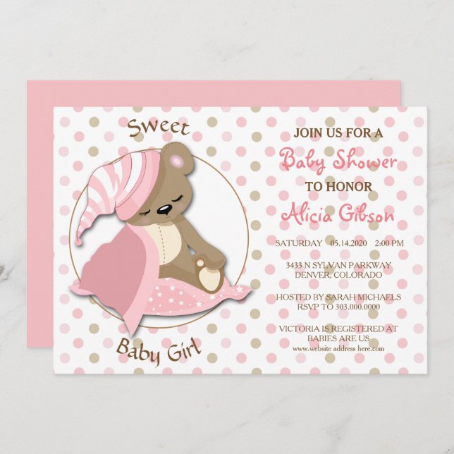 Invitación Sleepy Bear Baby Girl Shower (Anverso / Reverso)
