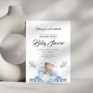 Invitación Sleepy Bear & Cloud Blue Baby Shower