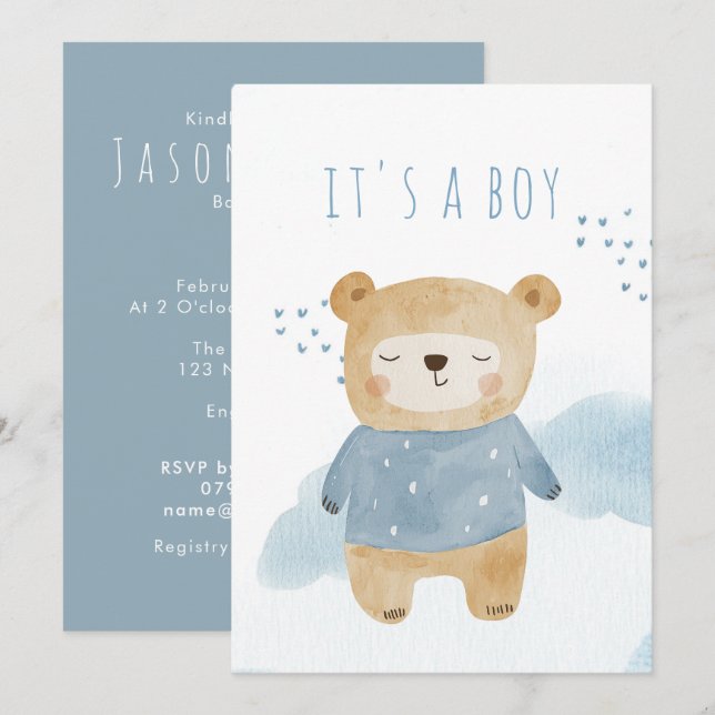 Invitación Sleepy Blue Watercolor lindo oso Baby Shower (Anverso / Reverso)