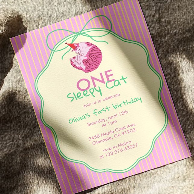 Invitación Sleepy Cat 1st Birthday Yellow Stripe (Subido por el creador)