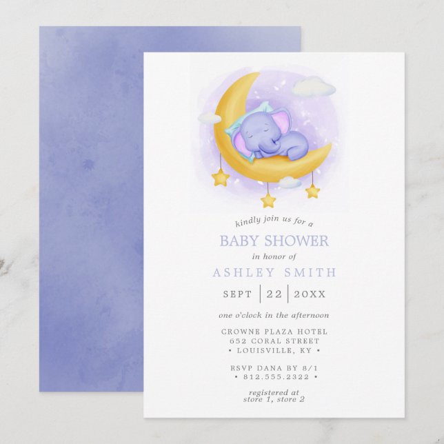 Invitación Sleepy Elephant Moon Watercolor Baby Shower (Anverso / Reverso)
