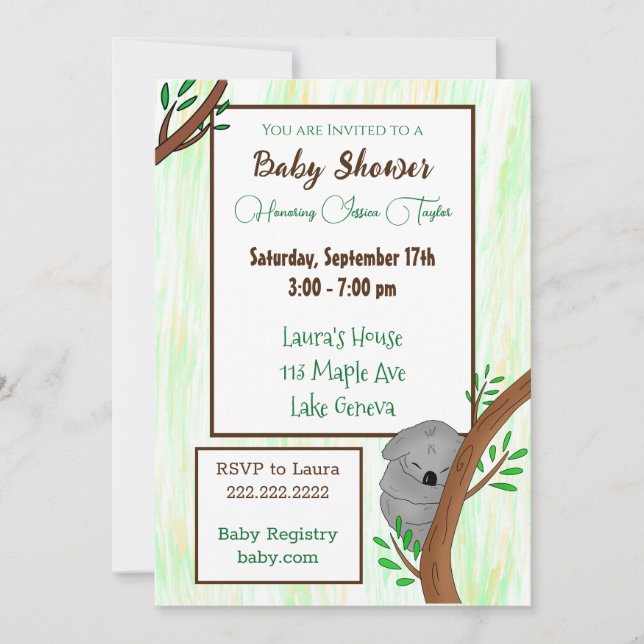 Invitación Sleepy Koala Tema Baby Shower (Anverso)