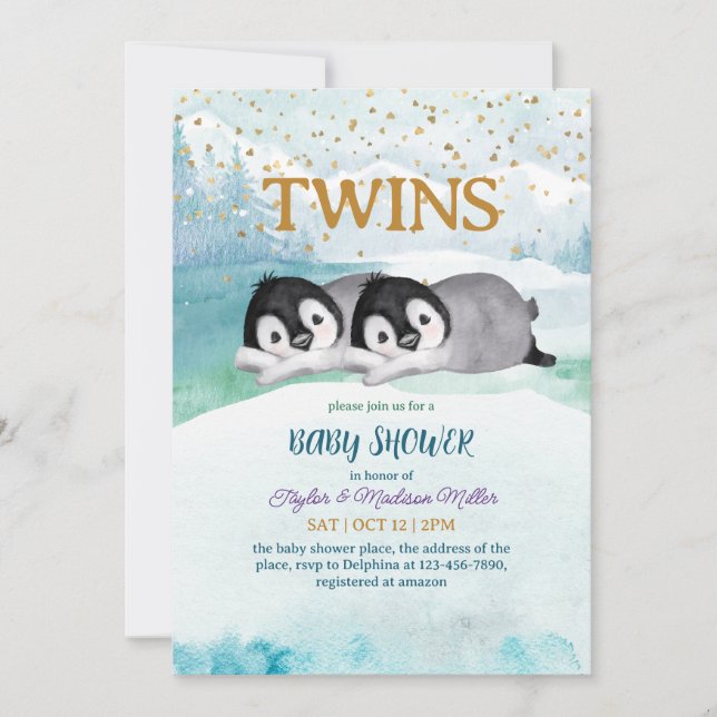 Invitación Sleepy Pingüino Twin Wins Tema Bebé Chorre (Anverso)