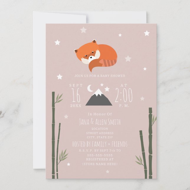 Invitación Sleepy Red Panda Bamboo Chica Rosa Baby Shower (Anverso)