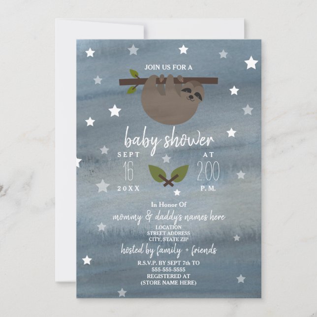 Invitación Sleepy Sloth Watercolor Stars Baby Shower (Anverso)