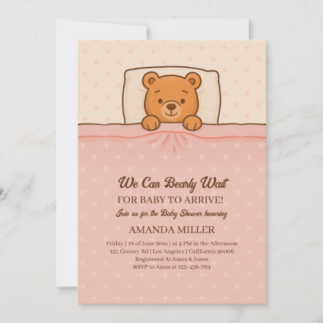 Invitación Sleepy Teddy Bear Light Baby Shower Rosa (Anverso)