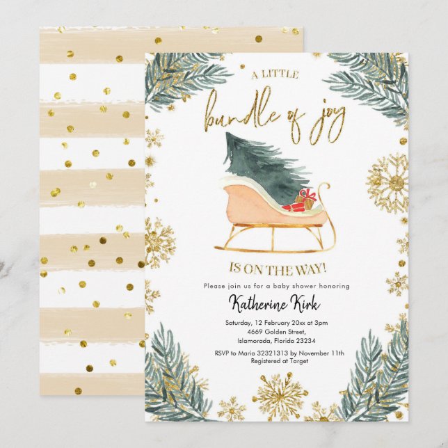 Invitación Sleigh Baby Shower Little Bundle of Joy (Anverso / Reverso)