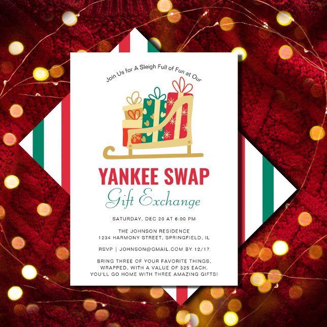 Invitación Sleigh Gift Box Yankee Swap Fiesta de intercambio  (Sleigh Gift Box Yankee Swap Gift Exchange Party Invitation )