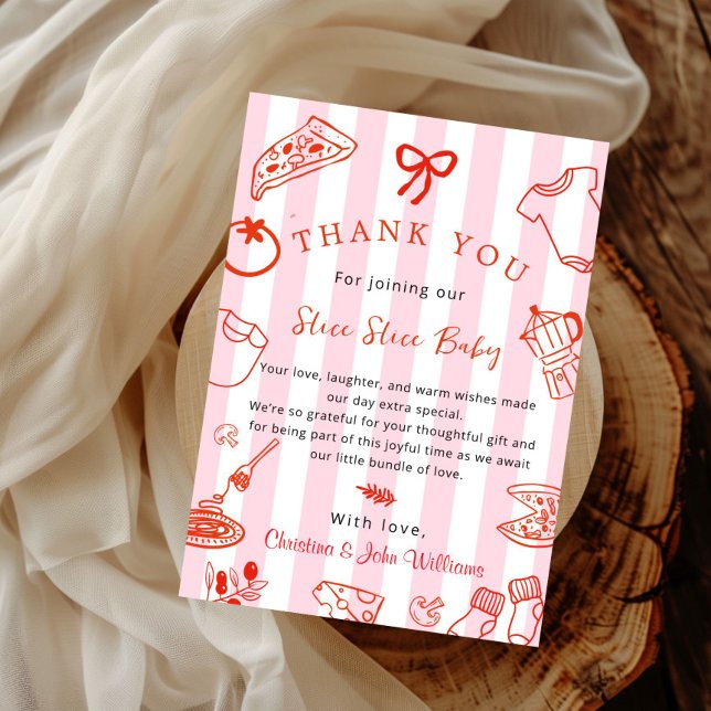 Invitación Slice Slice Baby Pizza Baby Shower Thank you Card (Red and Pink Slice Slice Baby Shower thank you card)