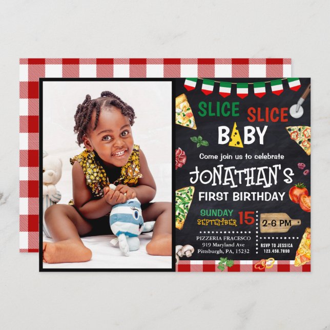 Invitación Slice Slice Baby Pizza Fiesta Primer Cumpleaños (Anverso / Reverso)