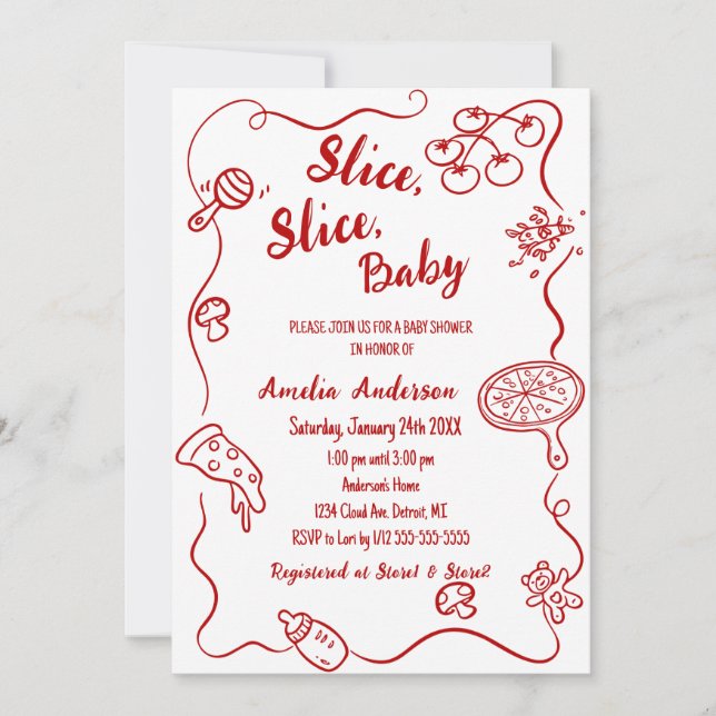 Invitación Slice Slice Baby | Red Doodle Pizza Baby Shower (Anverso)