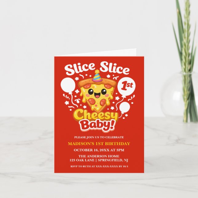 Invitación Slice Slice Cheesy Baby Pizza 1st Birthday Photo (Anverso)