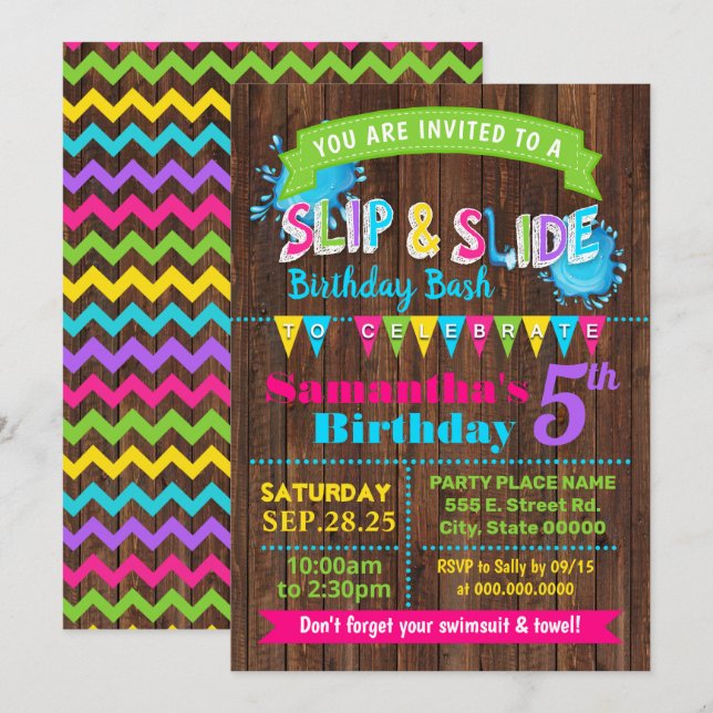 Invitación Slip and Slide Hot Pink cumpleaños verano fiesta b (Anverso / Reverso)